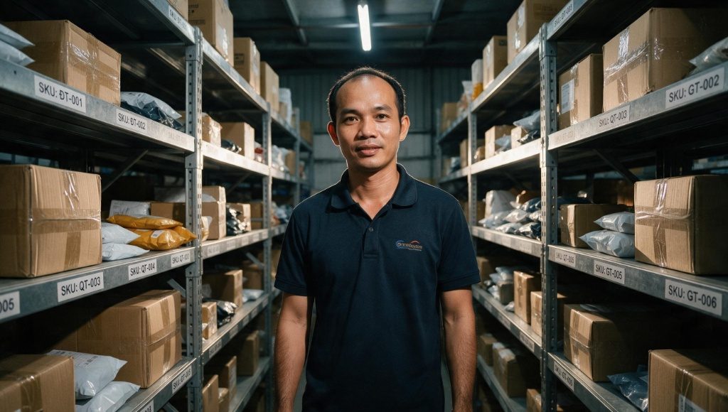 Chủ shop thời trang trong kho hàng