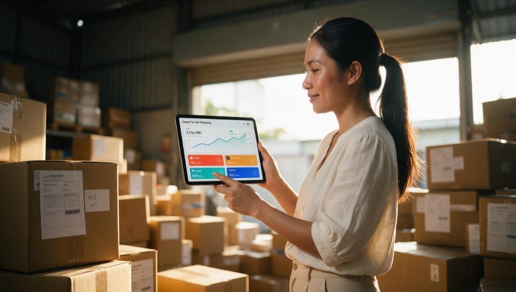 Chủ shop thực phẩm xem báo cáo tăng trưởng