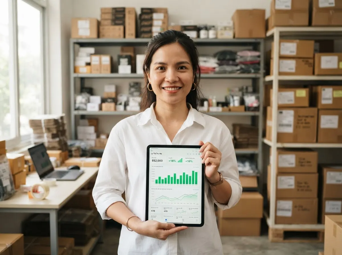 Chủ shop online đứng trong kho, cầm máy tính bảng hiển thị báo cáo doanh thu